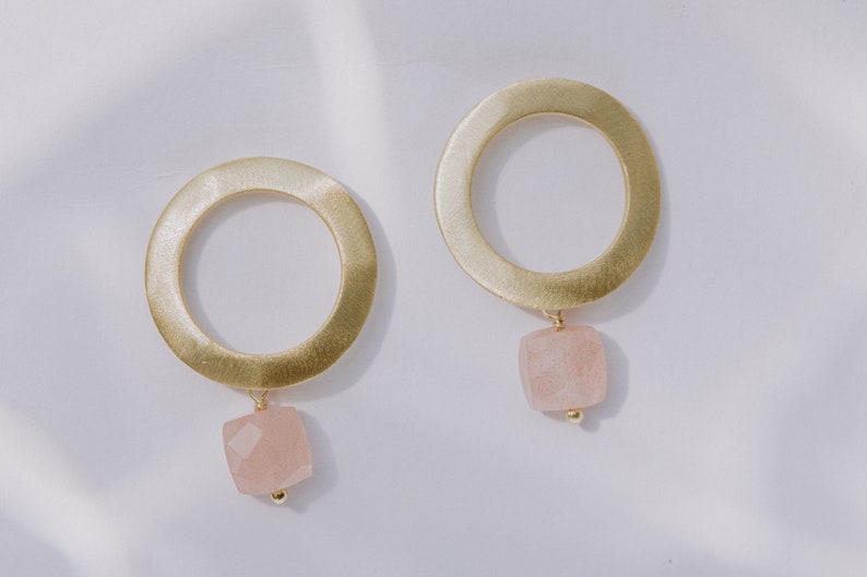 Aqua Chalcedony Earrings, Turquoise Earrings, Moonstone Earrings, Open Circle Earrings, Gold Circle Earrings, Tiny Gemstone Earrings image 7