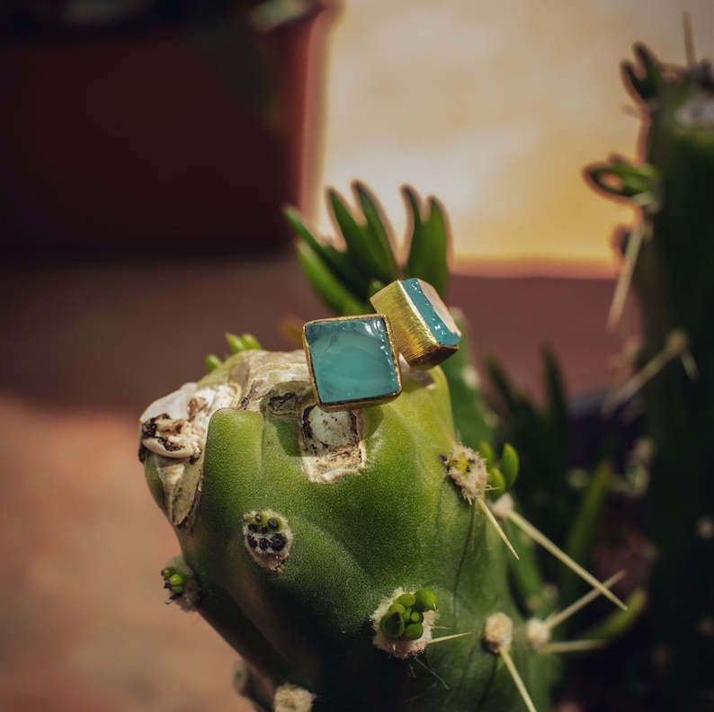 May include: A pair of gold earrings with square-shaped turquoise stones. The earrings are sitting on a green cactus.