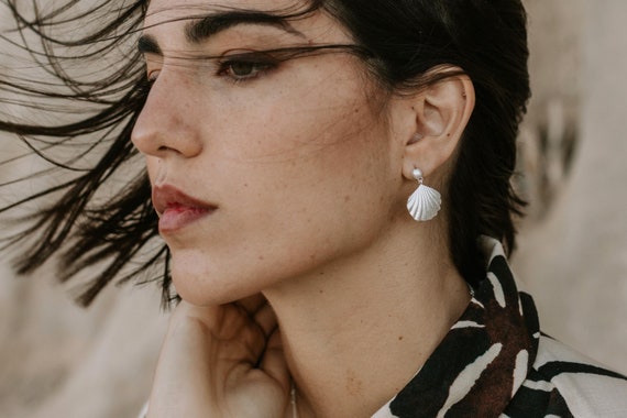 Sterling Silver Seashell Earrings: Dainty Clamshell Pearl Drop Gold Plated Stud Earrings