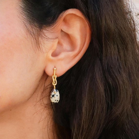 Handmade 18k Gold Dalmatian Jasper Dangle Earrings: Boho Unique Jewelry