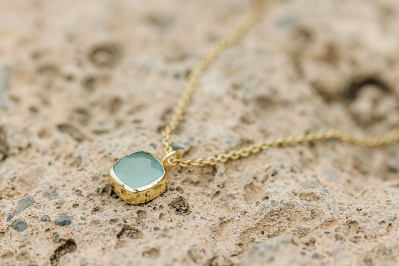 Gold Necklace, Birthstone Aventurine Necklace, Minimalist Pendant Gold, Gemstone Charm Necklace, Tiny Gem Necklace, Gold Square Necklace image 6