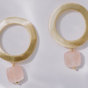 Aqua Chalcedony Earrings, Turquoise Earrings, Moonstone Earrings, Open Circle Earrings, Gold Circle Earrings, Tiny Gemstone Earrings image 8