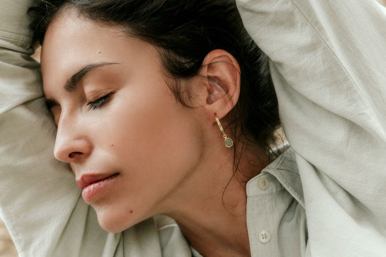 Hoop Earrings with Charm, Minimalist Gold Hoops, Dangling Gemstone Earings, Charm Earrings Gold, Gemstone Hoops, Labradorite Earrings image 9