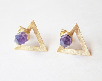 Amethyst Earrings, Gem Earrings, Gem Gold Earrings, Gemstone Earrings, Gem Stud Earrings, Amethyst jewelry, Triangle Earrings,Gem Gold Studs