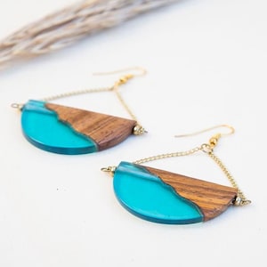 Resin Earrings, Wood Earrings, Wooden Earrings for Women, Wood Resin Earrings, Blue Earrings, Wood Resin Jewelry, Handmade Earrings