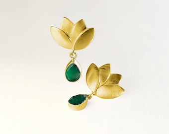 Green Onyx Earrings, Lotus Earrings, Earrings for Wedding, Green Gem Earrings, Boho Wedding Earrings, Green Earrings, Birthstone Earrings
