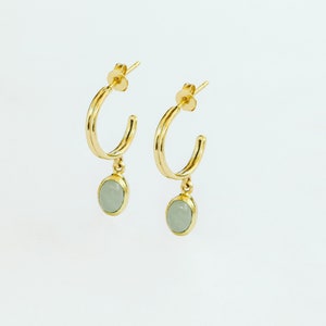 Hoop Earrings with Charm, Minimalist Gold Hoops, Dangling Gemstone Earings, Charm Earrings Gold, Gemstone Hoops, Labradorite Earrings Green Aventurine