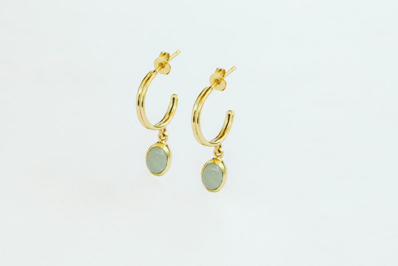 Hoop Earrings with Charm, Minimalist Gold Hoops, Dangling Gemstone Earings, Charm Earrings Gold, Gemstone Hoops, Labradorite Earrings Green Aventurine