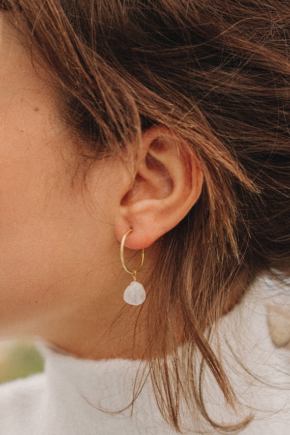 Hoop Gem Earrings, Chalcedony Earrings, Birthstone Earrings, Moonstone Hoop Earrings, Gemstone Earrings, Gold Hoops, Smoky Quartz Earrings