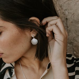Sterling Silver Seashell Earrings: Dainty Clamshell Pearl Drop Gold Plated Stud Earrings image 3