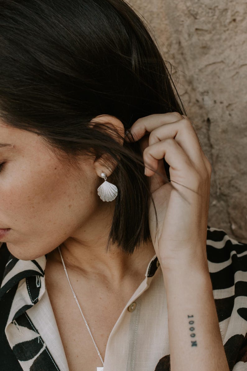 Sterling Silver Seashell Earrings: Dainty Clamshell Pearl Drop Gold Plated Stud Earrings image 3