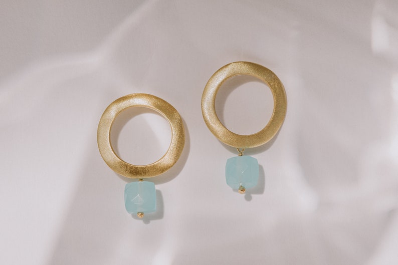 Aqua Chalcedony Earrings, Turquoise Earrings, Moonstone Earrings, Open Circle Earrings, Gold Circle Earrings, Tiny Gemstone Earrings image 4