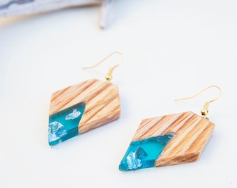 Pendientes de madera y resina, pendientes de turquesa, pendientes de madera, pendientes naturales, pendientes de resina para mujer, pendientes colgantes de madera, joyería de resina