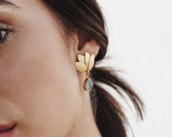 Aquamarine Earrings, Aqua Chalcedony Earrings, Gemstone Gold Earrings, Lotus Earrings Silver, Lotus Flower Earrings, Boho Wedding Earrings