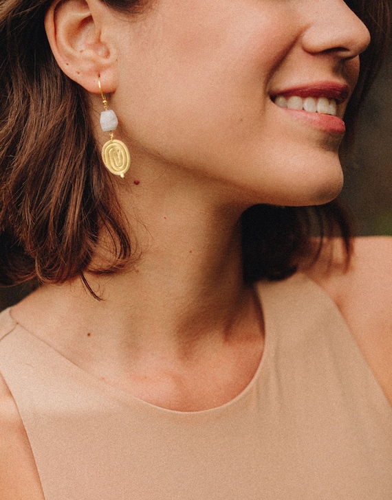 18k Gold Dangle Gemstone Earrings: Aqua Chalcedony, Labradorite, Moonstone