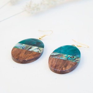 Wood Earrings, Paua Shell Earrings, Resin Earrings, Jade earrings, Dangle Earrings, Green earrings, Wood Resin Earrings, Resin Jewelry