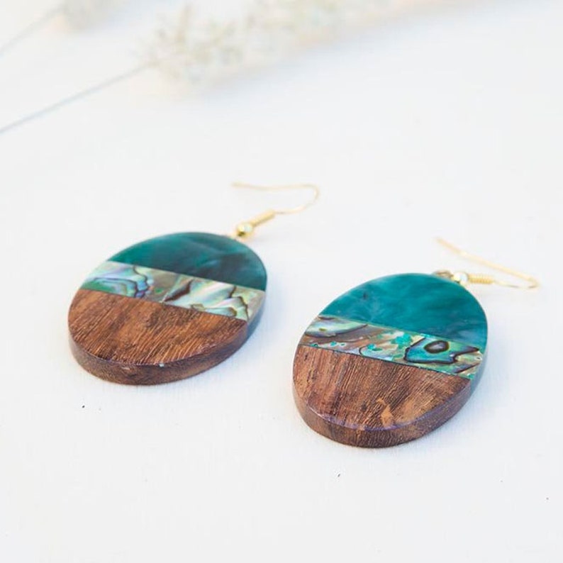 Paua Shell Earrings Wood Earrings Resin Earrings with Wood Etsy