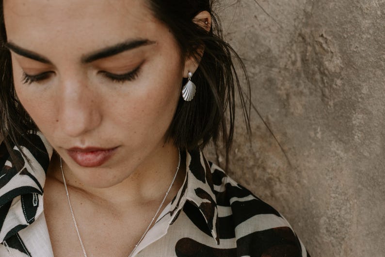 Sterling Silver Seashell Earrings: Dainty Clamshell Pearl Drop Gold Plated Stud Earrings image 8