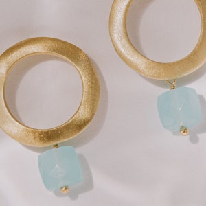 Aqua Chalcedony Earrings, Turquoise Earrings, Moonstone Earrings, Open Circle Earrings, Gold Circle Earrings, Tiny Gemstone Earrings image 5