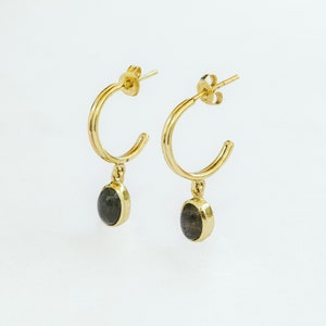 Hoop Earrings with Charm, Minimalist Gold Hoops, Dangling Gemstone Earings, Charm Earrings Gold, Gemstone Hoops, Labradorite Earrings Labradorite