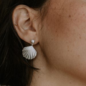 Sterling Silver Seashell Earrings: Dainty Clamshell Pearl Drop Gold Plated Stud Earrings image 9