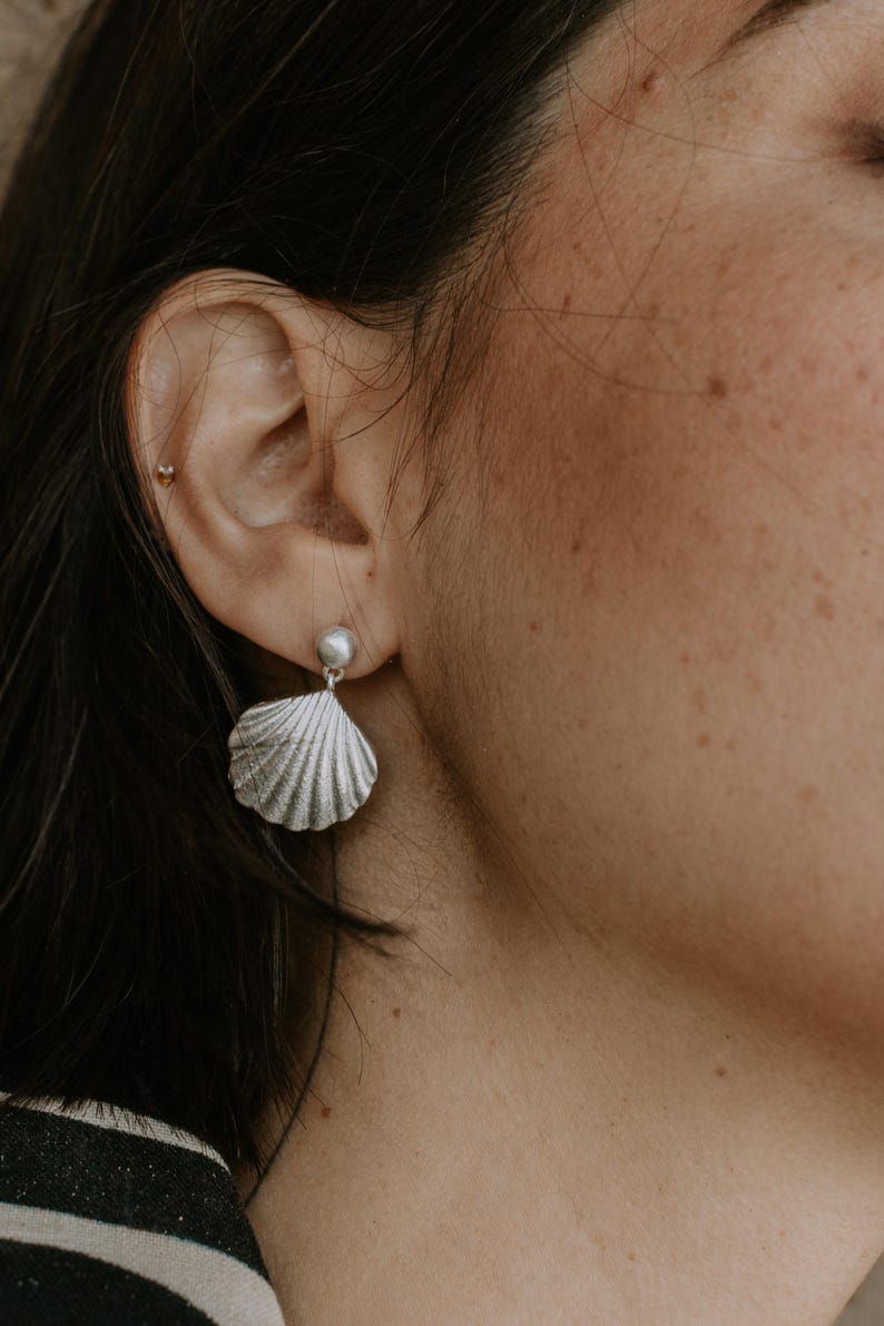 Sterling Silver Seashell Earrings: Dainty Clamshell Pearl Drop Gold Plated Stud Earrings image 9