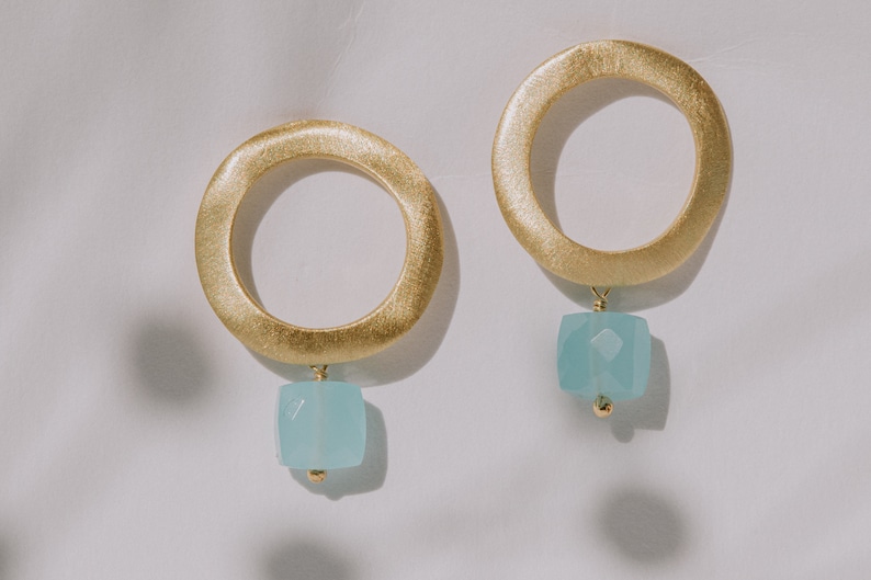 Aqua Chalcedony Earrings, Turquoise Earrings, Moonstone Earrings, Open Circle Earrings, Gold Circle Earrings, Tiny Gemstone Earrings image 6