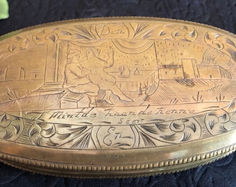 Antique brass tobacco snuff box / tobacco tin, very rare engraved scenes on top and bottom