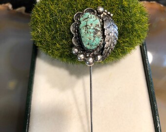 Vintage silver metal and blue stone stick pin, Southwestern leaf stick lapel pin 2 1/2” L