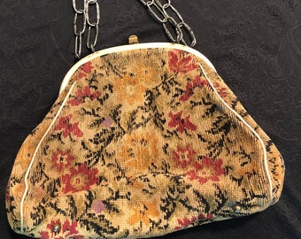 Vintage floral carpet tapestry purse chain handles, antique tapestry floral bag