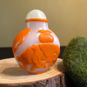 Vintage Peking Glass Snuff Bottle: White & Orange Elephant Design
