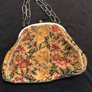 Vintage floral carpet tapestry purse chain handles, antique tapestry floral bag