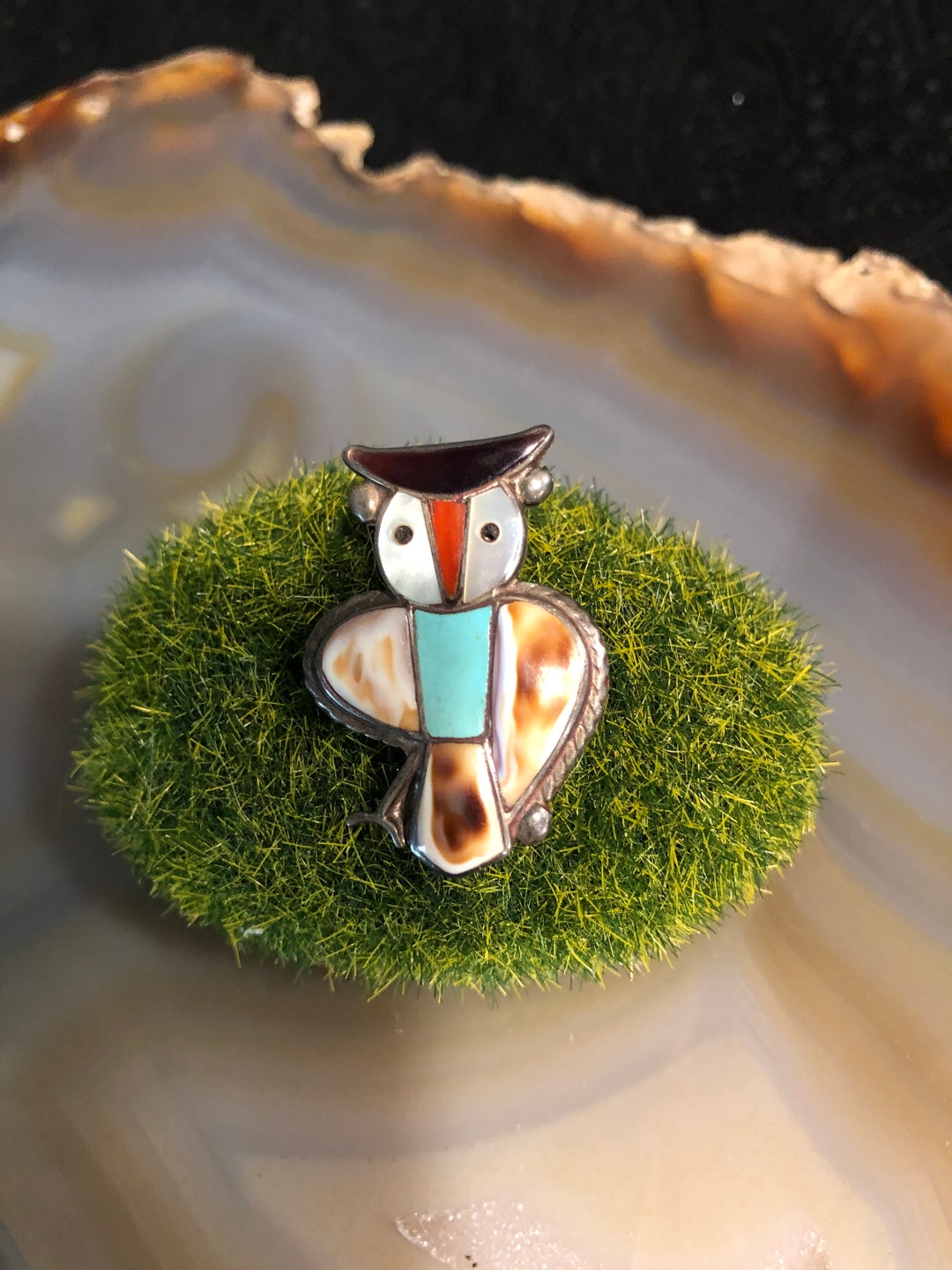 ヴィンテージ ネイティブ アメリカンの象嵌フクロウ スターリング  
