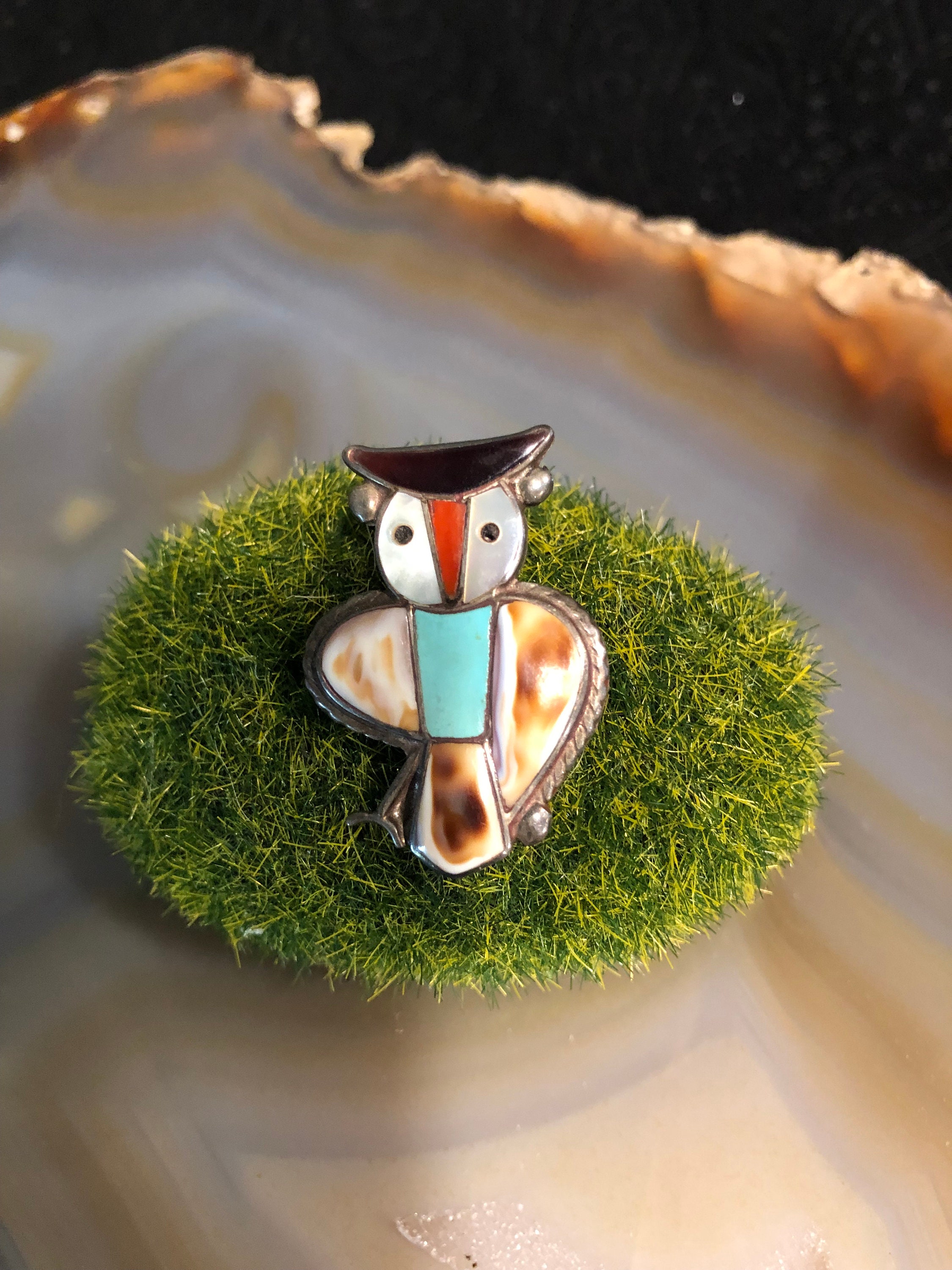Vintage Native American inlaid Owl sterling silver inlaid stone and shells, pin brooch and pendant