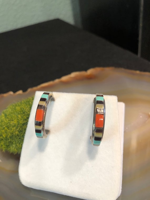 Native American Shark Turquoise Inlay Vintage Southwestern Sterling Silver Earrings Native American Shark Turquoise Inlay Vintage Southwestern Sterling Silver Earrings