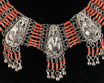 Vintage King Tut Necklace: Silver Tone Metal & Orange Beads, Egyptian Revival