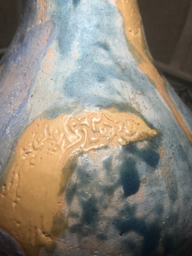 Vintage Handmade Studio Vase and a pop of violet tan beautiful shades of blue signed by artist on bottom