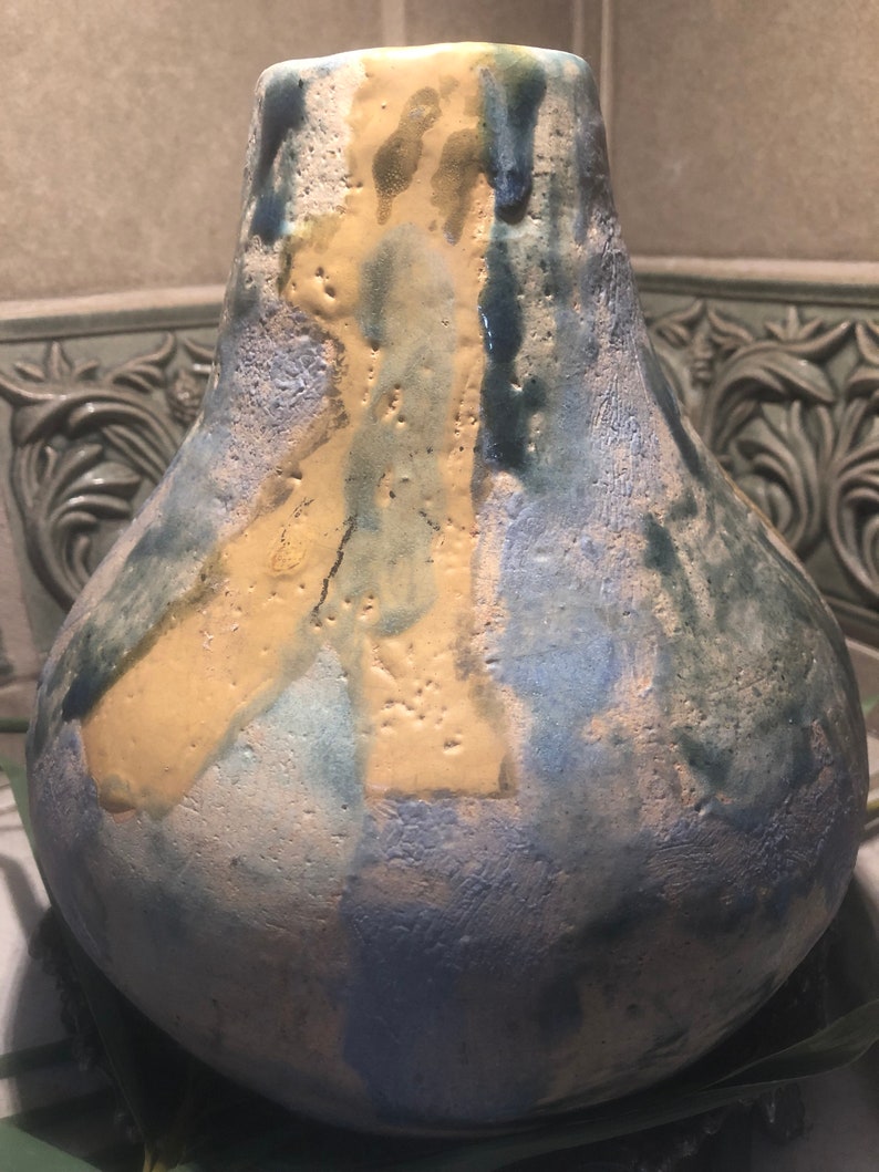 Vintage Handmade Studio Vase and a pop of violet tan beautiful shades of blue signed by artist on bottom