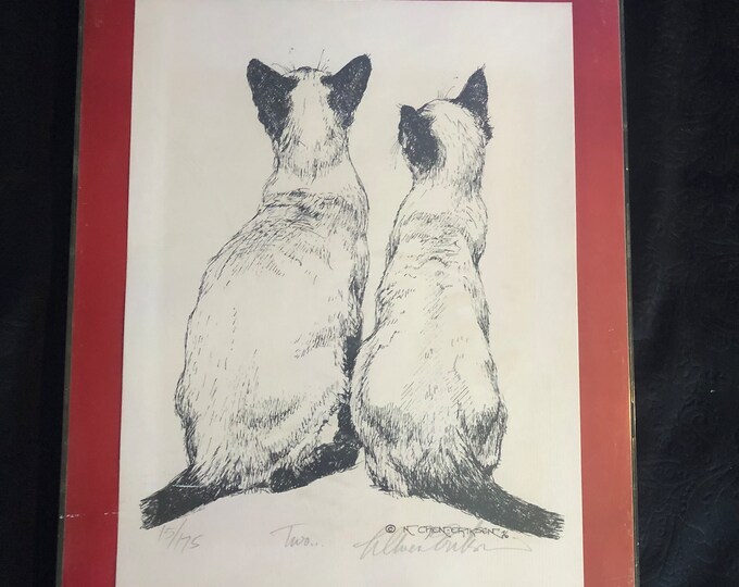 Vintage Framed Siamese Cat On Multi-Patterned Cross Stitch/Needlepoint, Hand Made From A 1978 Kit