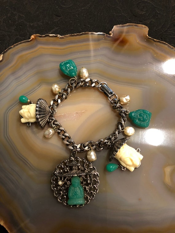 Vintage Asian theme chunky charm bracelet, Buddha… - image 1
