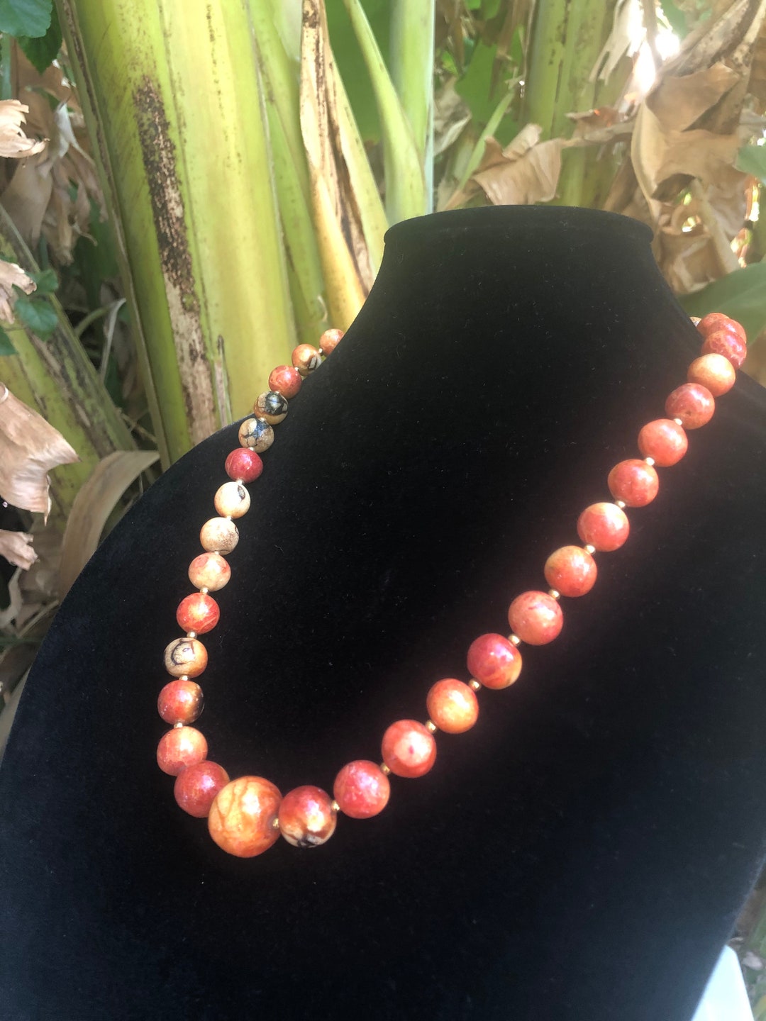 Vintage Very Rare Apple Coral Bead Necklace With Small Metallic Gold