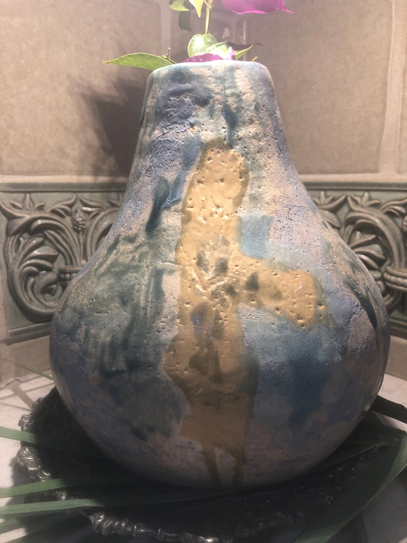 Vintage Handmade Studio Vase and a pop of violet tan beautiful shades of blue signed by artist on bottom