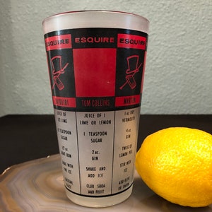 Vaso de vidrio con recetas de bebidas MCM Esquire de vidrio federal vintage de los años 60 con recetas de cócteles, vidrio esmerilado