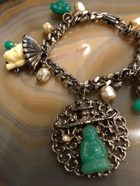 Vintage Asian theme chunky charm bracelet, Buddha… - image 2