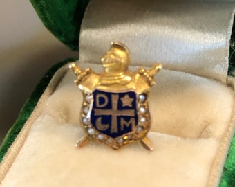 Vintage Demolay pin with Masonic symbols, well detailed small pin 10K gold blue enamel tiny seed pearls, knight and swords