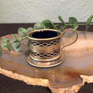 Antique Silver Tone Salt Pot: Cobalt Blue Glass Liner, Lattice Design mustard pot