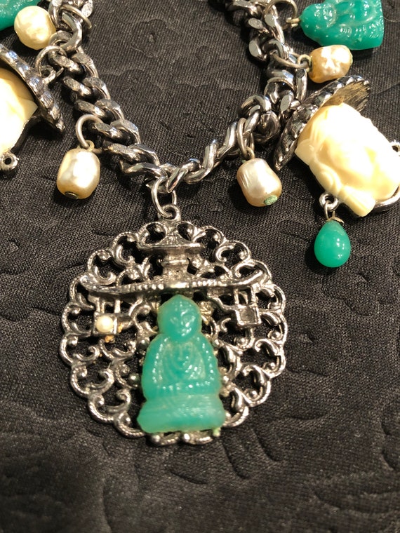 Vintage Asian theme chunky charm bracelet, Buddha… - image 8