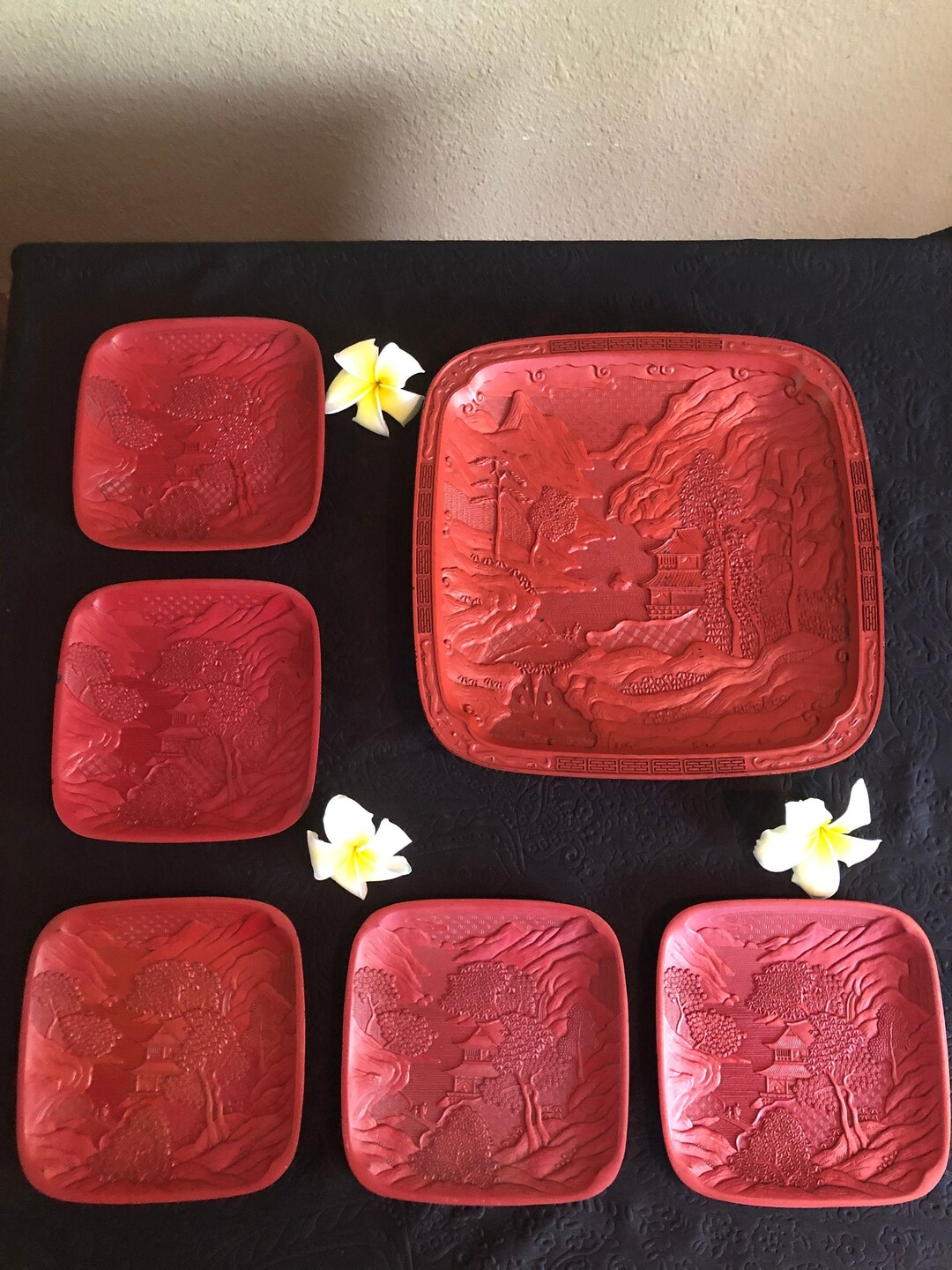 Vintage High Relief Resin Decorative Square Plates, Set of Six 6 One