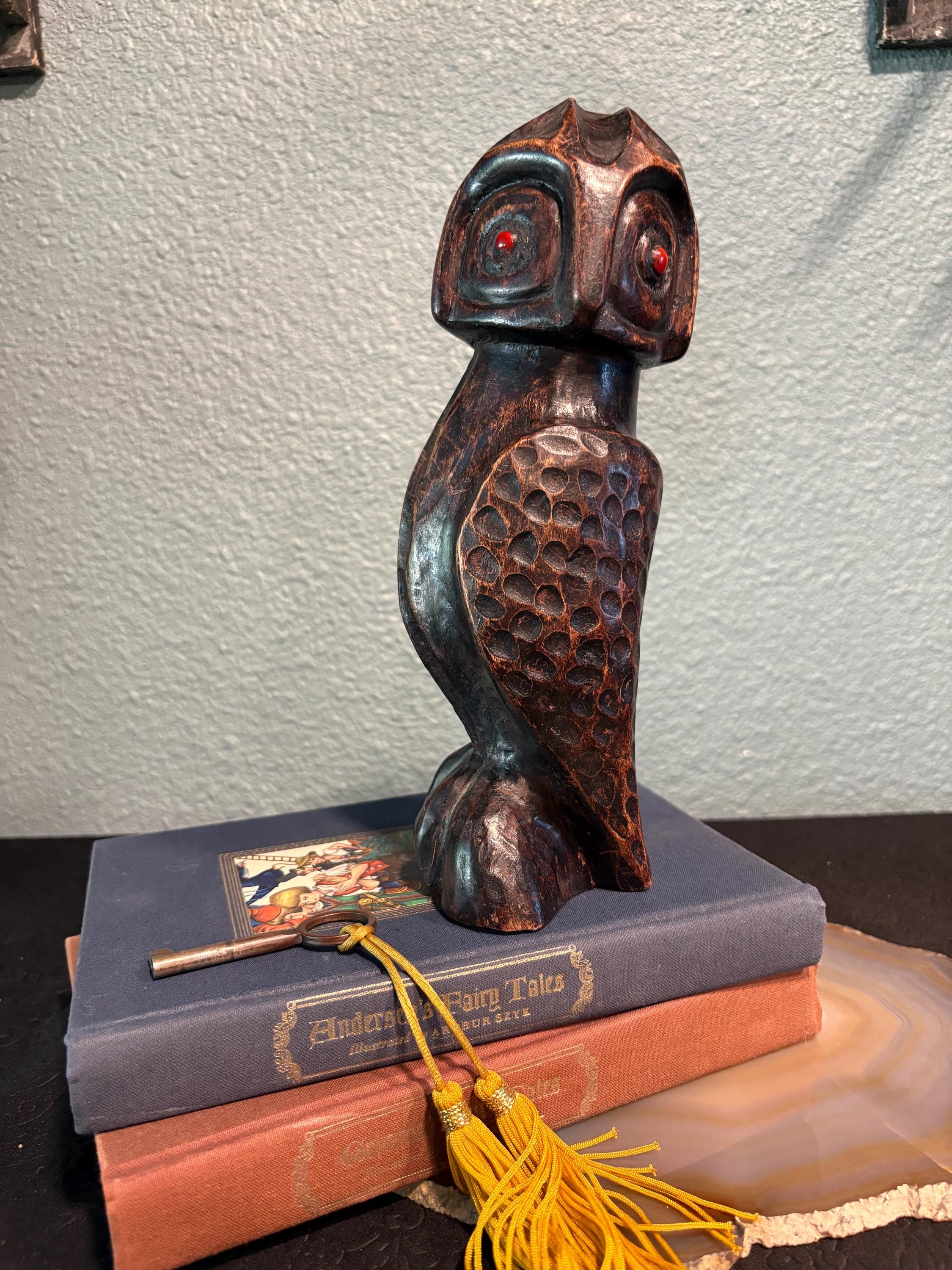 Vintage carved wood owl, four faces wood owl red eyes hand carved wood (9.5” H)