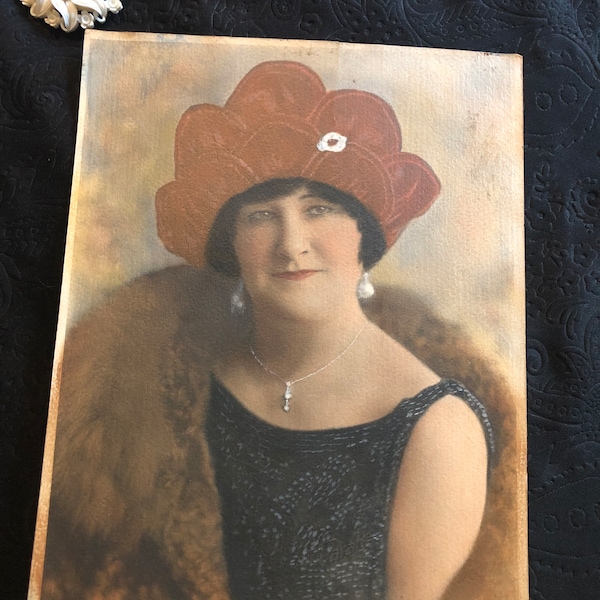 Vintage 1920s era Hand tinted photo, Roaring 20s era beautiful woman photo 10” H